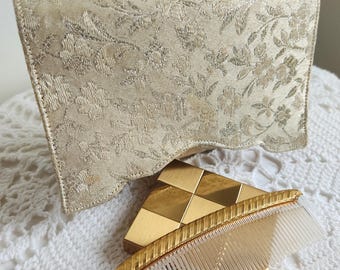Vintage Silver Gold Brocade Fold Over Clutch Purse With Powder Case Comb