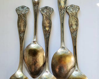 Antique 1908 Narcissus Silverplate Teaspoons, Art Nouveau Floral Set (Set of 5)