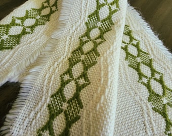 Camino de mesa vintage sueco tejido a mano Overshot de 15x40 cm, lana y lino verde Daldräll, reversible.