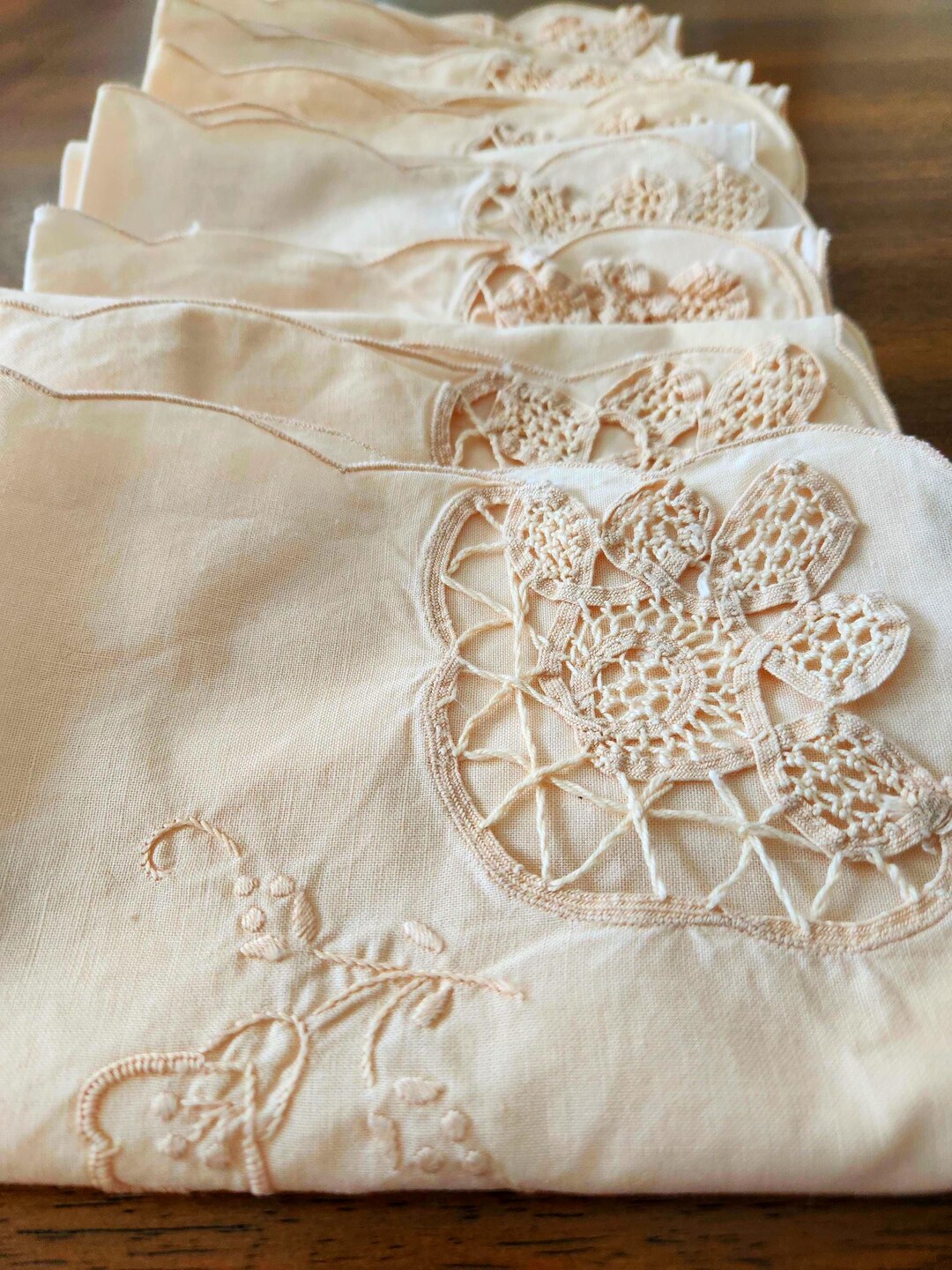 Vintage Crochet Embroidered Battenburg Cotton Linen Beige Ecru Napkins ...