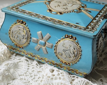 Vintage Turquoise Lithographed Tin Jewelry Trinket Box Greek Roman Women