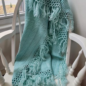 Vintage Hand-Knitted Baby Blanket Mint Green -28x32 without fringe- Chevron Afghan, Fringe Border