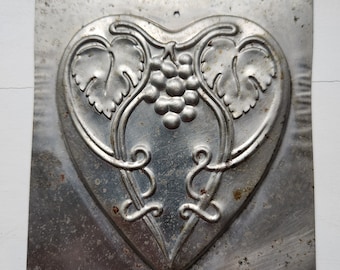 Antique Tin Heart Chocolate Mold: Grape Vine Design.