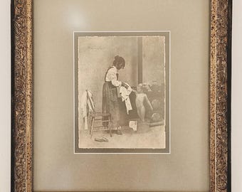 Vintage R. Hendrickson Sepia Print Bath Time Woman Bathing Child Framed