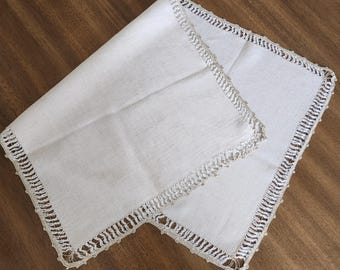 Camino de mesa/bufanda de lino natural vintage, tejido a mano con dobladillo de ganchillo, 17x31
