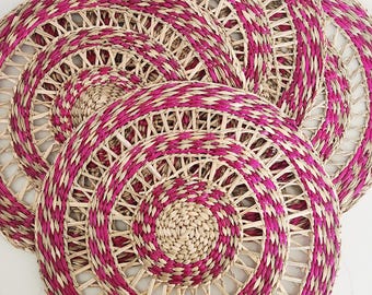 Vintage Handwoven Round Spiral Placemats Fuschia Pink Raffia 12" Set Of 4
