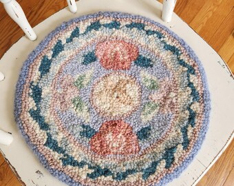 Vintage Round Floral Hand Hooked Wool Chair Pads 14" Set Of 4