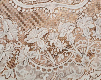 Vintage Oblong Floral Filet Lace Scalloped Tablecloth Ecru 60x80