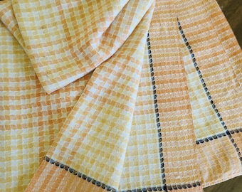 Mantel vintage de algodón con tejido de gofre de los años 50 – Cuadros retro naranja y amarillo (72x124) Extra grande, grueso
