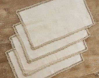 Vintage Neutral Linen Placemats Hand Crocheted Lace Hemstitched 11x18 Set Of 4