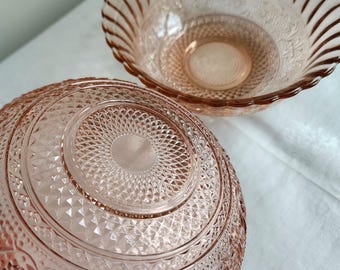 Vintage Pink Pressed Glass Bowls, Fleur De Lis Pattern, KIG Indonesia Set