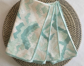 Vintage Green Teal Peach Abstract Ikat Cotton Napkins Set Of 4