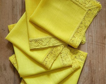 Servilletas de lino color mostaza amarillo vintage - Juego de 6 - Estilo de mediados de siglo, ribete de encaje único, 40 x 40 cm