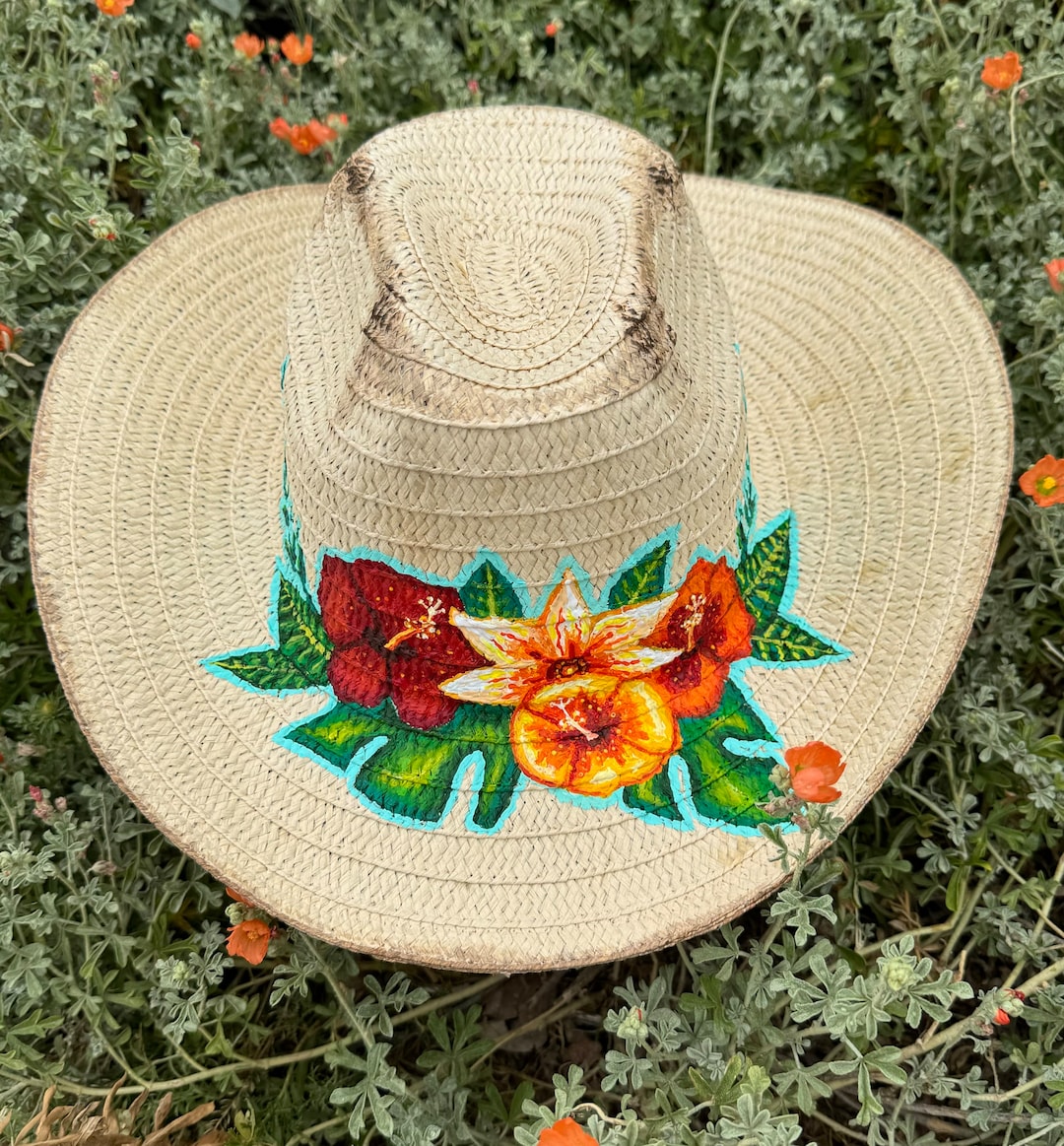 Hand Painted Tropical Straw Hat | Hibiscus | Flowers  display picture 2