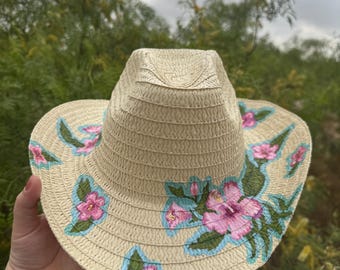 Flowered Hand Painted Boho Artisan Straw Hat For Her Art Lover Flowered Hand Painted Boho Artisan Straw Hat Valentine main image 4