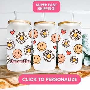 Smiley Face Frosted Glass Tumbler, Custom Name Tumbler with Happy Faces, Happy Face Cups Smiley Faces Ice Coffee Cup Custom Smiley Face Cups