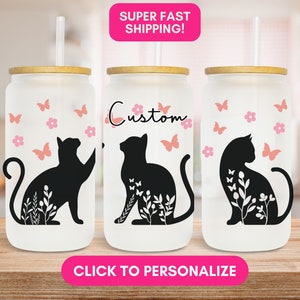 Black Cat Frosted Can, Cat Lover Gifts Cat Glass Tumbler Cat Owner Gifts Custom Pet Owner Gifts Custom Cat Tumbler Cat Coffee Cups