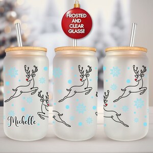 Custom Reindeer Glass Can, Christmas Cup Christmas Tumbler Christmas Iced Coffee Cup Personalized Xmas Cups Xmas Tumbler Xmas Iced Coffee