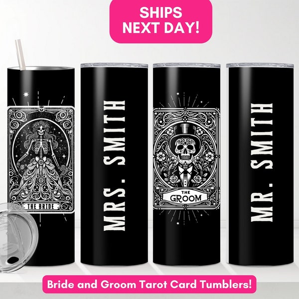 Bride and Groom Tarotcard Tumbler, Mr and Mrs Gift Tumbler Gothic Couple Gifts Personal Gift for Bride Newly Wed Gift Honey Moon Gifts