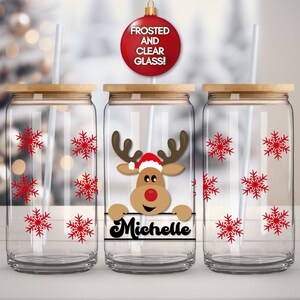 Christmas Reindeer Glass Can, Personalized Xmas Cup Christmas Tumbler Custom Reindeer Glass Tumbler Gift for Christmas Iced Coffee Cups