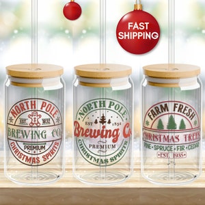 Christmas Glass Cans, Xmas Cups Christmas Tumbler North Pole Glass Tumbler Gift for Christmas Iced Coffee Cups Cute Christmas Tumblers