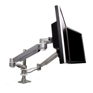 May include: A silver monitor arm with a black monitor attached. The arm has a long, articulated arm that allows the monitor to be positioned in a variety of ways. The arm is mounted to a base that can be attached to a desk or other surface.