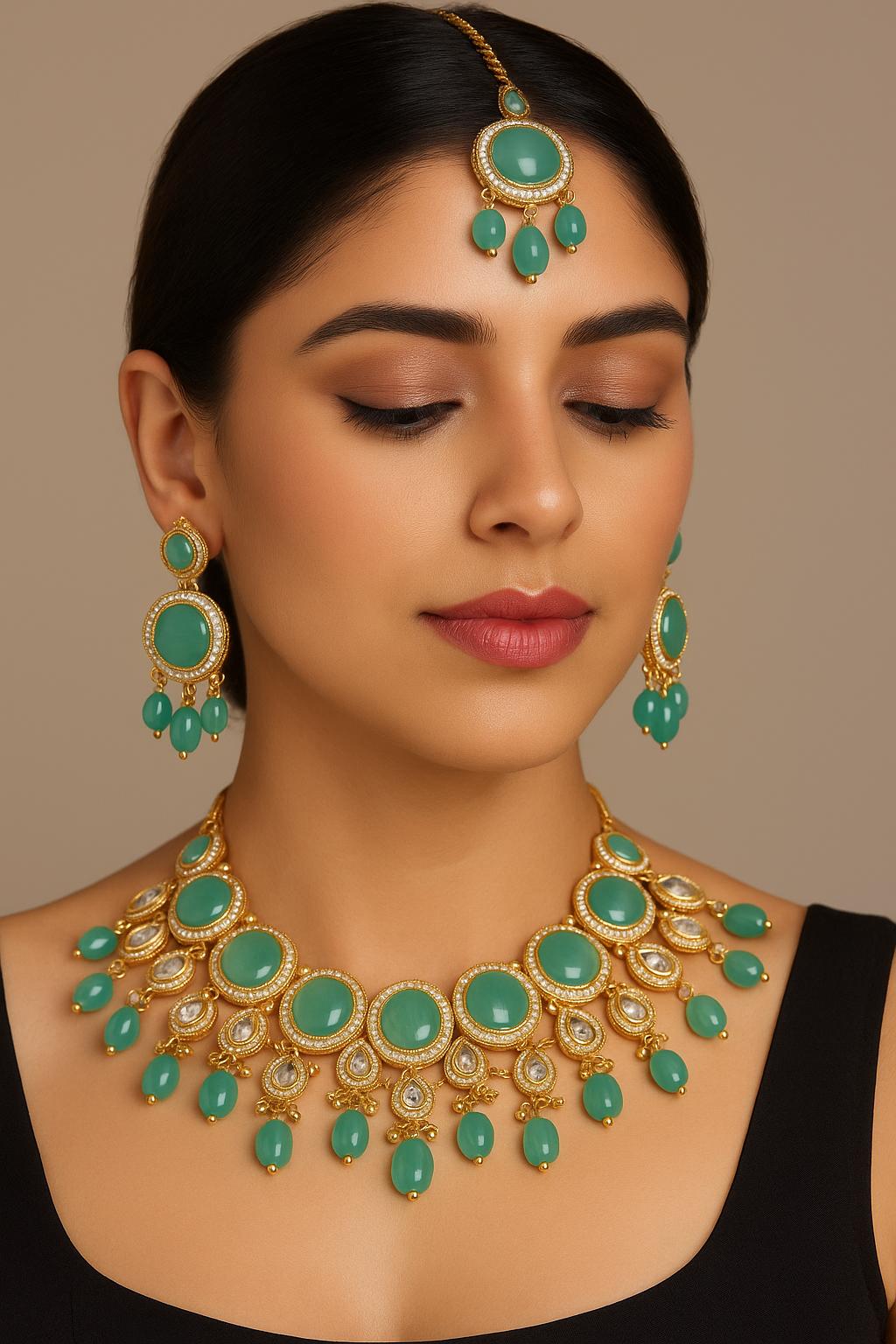 Exquisite Green Kundan Bridal Jewelry Set | Necklace, Earrings & Maang Tikka | Traditional Indian Jewelry