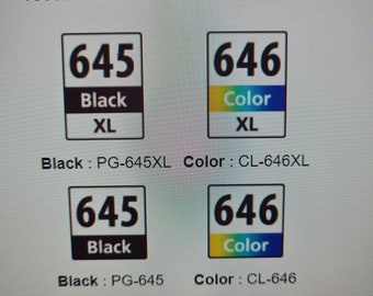 Op de afbeelding: Twee sets inktcartridges voor een printer. De bovenste set is gelabeld "645 Zwart XL" en "646 Kleur XL". De onderste set is gelabeld "645 Zwart" en "646 Kleur".