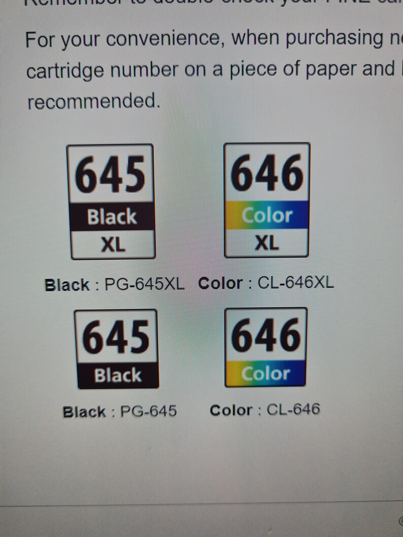 May include: Two sets of ink cartridges for a printer. The top set is labeled "645 Black XL" and "646 Color XL". The bottom set is labeled "645 Black" and "646 Color".