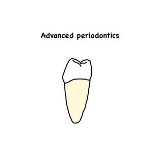 Puede incluir: Un dibujo de línea de un diente con un pie de foto que dice "Advanced periodontics".