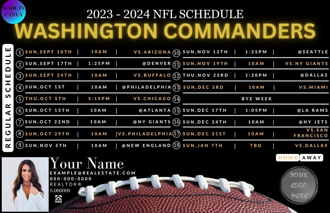 Washington Commanders 20232024 NFL Football Schedule Realtor Etsy