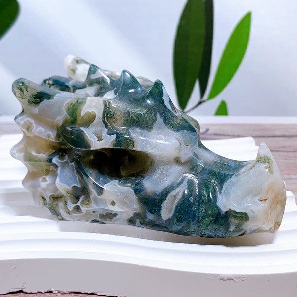 Tête de dragon en agate mousse naturelle de 4 po., crâne de dragon en cristal, sculpture de grande tête de dragon, décoration de la maison, guérison par le Reiki, sculpture sur cristal