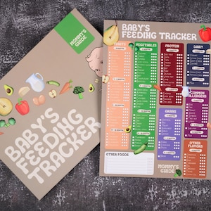 May include: A baby's feeding tracker with the text "Baby's Feeding Tracker" and illustrations of fruits and vegetables. The tracker includes sections for vegetables, protein, dairy, grains, and other foods. Two markers are next to the tracker.