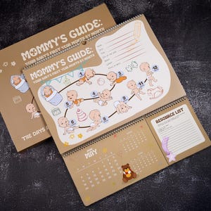 May include: A spiral-bound baby calendar labelled "Mommy's Guide" with baby illustrations and a May calendar. The cover and pages are light brown. The calendar includes a resource list and a teddy bear graphic.