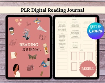 PLR, Reading Journal Template, Digital Reading Journal, Hyperlinked Planner Template, Editable Template Canva, Commercial Use, Reading Log