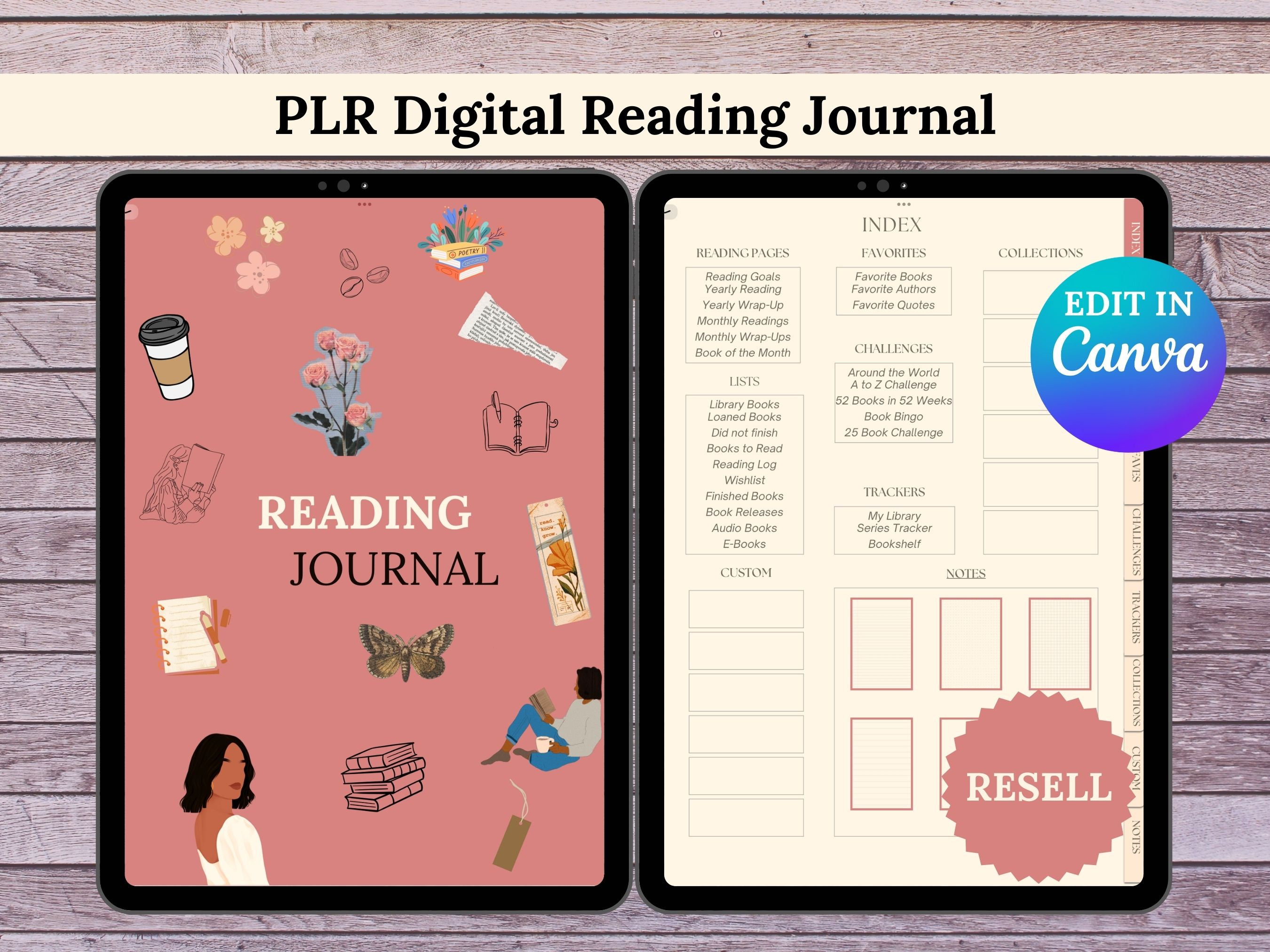 PLR, Reading Journal Template, Digital Reading Journal, Hyperlinked PLR, Reading Journal Template, Digital Reading Journal, Hyperlinked