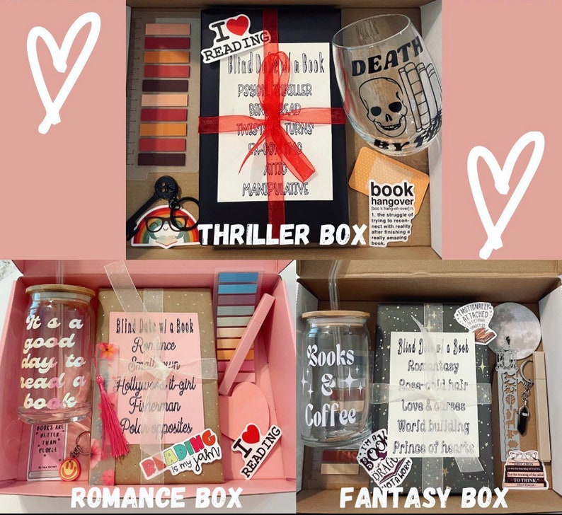 May include: Three boxes with different themes: "Thriller", "Romance", and "Fantasy". Each box contains a book, a drink, and other book-themed items. The boxes are decorated with hearts and the text "Blind Date w/ a Book".