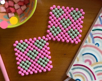 Love Coasters, Pink with Green hearts, Set of 2, glass beaded coasters, stylish, modern, cute, quality coasters