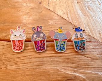 Disney Inspired Boba Tea Pin, Milk Tea Pin, Bubble Tea Pin - Elephant, Rabbit, Cat, Duck - Enamel Pin Brooch - Gift Decoration Jewelry