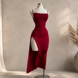 May include: A deep red sleeveless dress featuring a straight neckline, thin spaghetti straps, and a high side slit that extends from the thigh to the hem. The fabric is fitted through the bodice and waist, draping loosely toward the bottom.