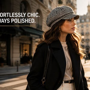 Puede incluir: Una gorra de estilo newsboy con estampado de pata de gallo en blanco y negro con visera corta, usada con un abrigo negro y una prenda superior clara. El texto "EFFORTLESSLY CHIC. ALWAYS POLISHED." aparece en la esquina superior izquierda.