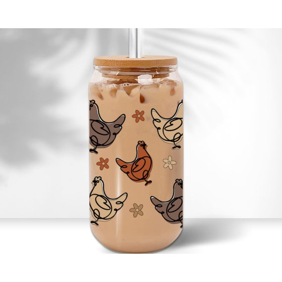 Chickens Cute and Trendy 16oz-20oz Glass Cup With Bamboo Lid and Straw/  Libbey Wrap Glass Cups 