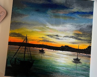 Original Gemälde - Sonnenuntergang // Leinwandbild 25 x 25 x 1,5 cm