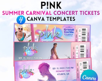 Rosa - ¡Plantillas de Canva para entradas para conciertos de Carnaval de verano! Editable e imprimible listo para regalar, gira P!nk 2023