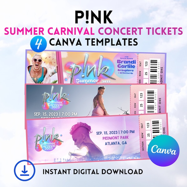 Pink - Summer Carnival Concert Ticket Canva Templates! Editable & Printable Gift Ready, 2023 P!nk Tour