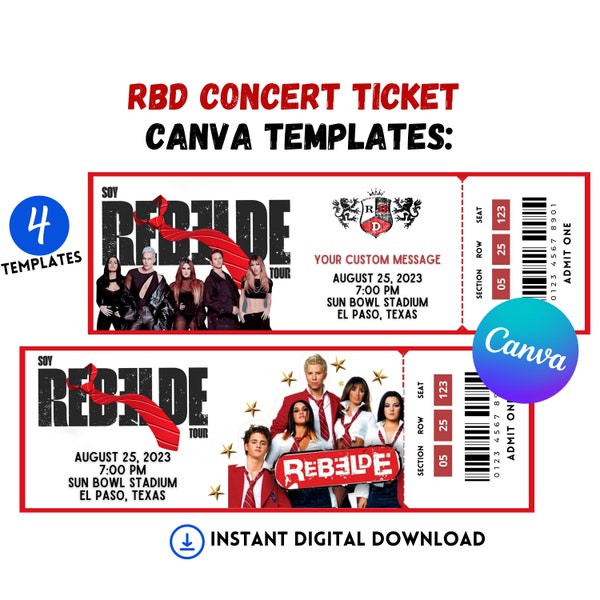 RBD - Soy Rebelde Concert Tour Ticket - Canva Templates! Editable & Printable Gift