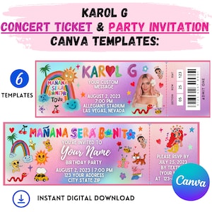 Karol G - Mañana Sera Bonito Konzert Ticket Party Einladung Canva Vorlagen! Bearbeitbares und druckbares Geschenk, Bichota Saison 2023 Tour