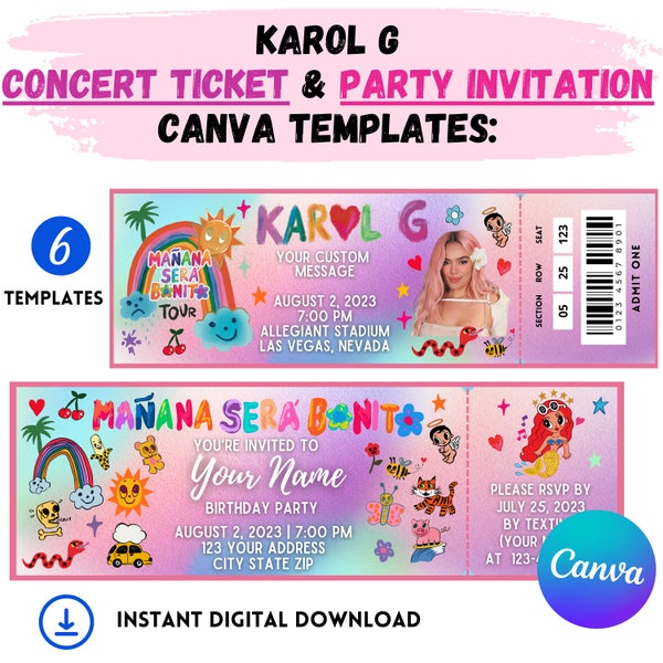 Karol G - Mañana Sera Bonito Concert Ticket Party Invitation Canva Templates! Cadeau modifiable et imprimable prêt, tournée de la saison 2023 de Bichota