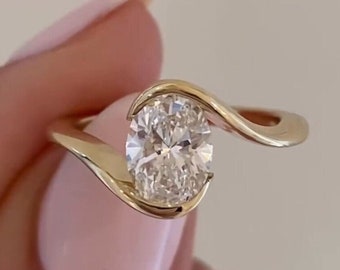 2 carat Oval Moissanite Engagement Ring, Yellow Gold 10k/14k/18k Bypass Engagement Ring, Solitaire Diamond Ring for Women, Bezel Set Ring