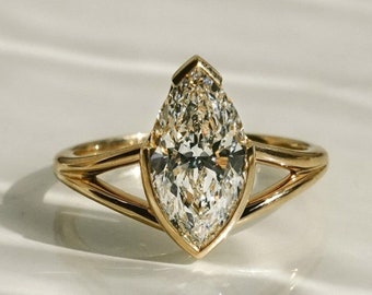 2 CT Marquise Cut Moissanite Engagement Ring, Half Bezel Set Split Shank Ring, 14K Yellow Gold Solitaire Wedding Unique Ring , Gift For Her.